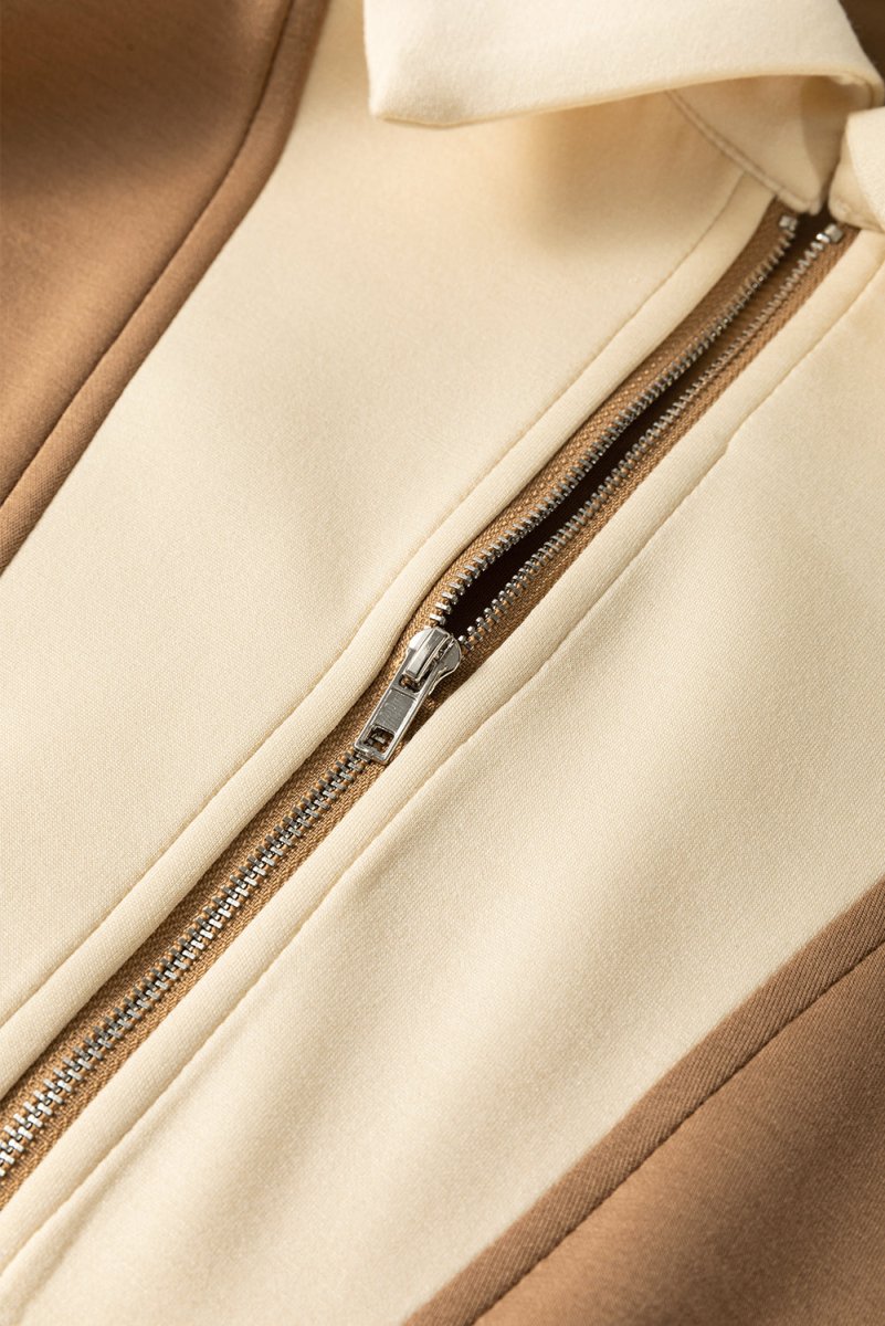 Simply Taupe Half Zipper Collared Colorblock Top - Love Salve